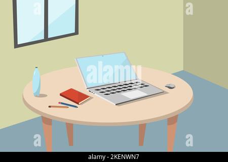 Scrivania da ufficio con computer portatile, lampada, documenti, calendario, caffè e fiori. Ambiente di lavoro moderno. Home Workspace table.Vector Illustration flat. (Tavolo dell'area di lavoro principale Illustrazione Vettoriale