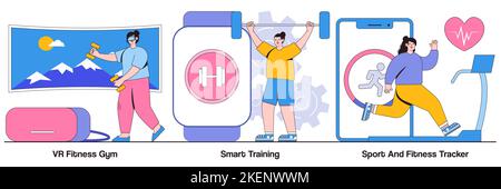 VR fitness gym, allenamento intelligente, sport e fitness tracker concept con personaggi. Pacchetto di illustrazioni sulle tecnologie di training personale intelligente. Adatta Illustrazione Vettoriale