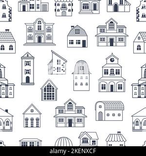Cute doodle case senza cuciture modello. Case piccole, elementi di architettura di linea. Stile villaggio o paese, edifici di contorno. Vettore scandinavo neoterico Illustrazione Vettoriale