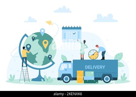 Servizio di distribuzione logistica globale, importazione in tutto il mondo, illustrazione vettore di esportazione. Cartoon persone piccole mettere posizione pin sul globo, tenere l'orologio, pianificare la consegna delle merci per camion utilizzando il calendario pianificatore Illustrazione Vettoriale