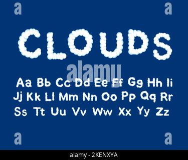 Caratteri cloud per bambini, lettere alfabetiche in inglese. ABC delle nuvole bianche nel cielo blu. Minuscolo e maiuscolo Illustrazione Vettoriale
