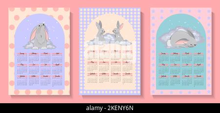 Calendario per il 2023° anno del coniglio. Modello di calendario vettoriale in formato verticale A4 Illustrazione Vettoriale