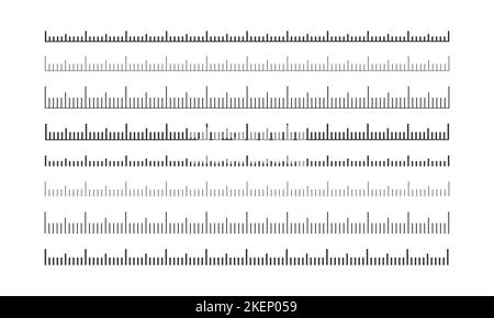 Set di righelli, nastri o scale termometrici. Grafico di misurazione orizzontale con annotazione. Misura di distanza, altezza o lunghezza di modelli di strumenti matematici, di cucito e meteorologici. Illustrazione grafica vettoriale Illustrazione Vettoriale