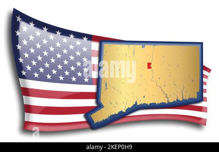 stati Uniti - mappa del Connecticut contro una bandiera americana. Fiumi e laghi sono mostrati sulla mappa. La bandiera americana e la mappa dello stato possono essere utilizzate separatamente A. Illustrazione Vettoriale