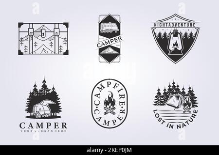Un'illustrazione vettoriale di una serie di loghi da campeggio Illustrazione Vettoriale