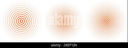 Cerchi di ripple concentrici rossi impostati. Sonar o suono Wave rings collezione. Informazioni sull'icona dell'epicentro, del target e del radar. Segnale radiale o elementi di vibrazione. Illustrazione Vettoriale
