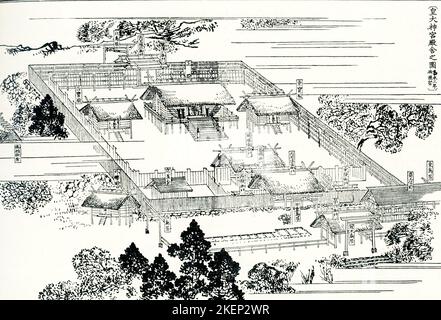 L’immagine del 1910 mostra: “Il santuario della Dea del Sole a ISE”. Il Gran Santuario di ISE o ISE Jingu, situato nel cuore di una foresta sacra nella prefettura di mie in Giappone, è il più importante santuario shintoista del paese ed è dedicato alla dea del sole Amaterasu con un santuario separato dedicato a Tohouke, la dea del cibo. Costruito nel 4 a.C., le strutture attuali si basano sugli edifici eretti nel 7th° secolo d.C. Nella religione Shintoista, la religione indigena del Giappone, Amaterasu era la dea del sole. Amaterasu era anche creduto essere collegato con la famiglia imperiale in J Foto Stock