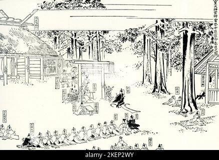 Questa immagine del 1910 mostra la festa della dea - l'introduzione dei primi doni al tempio della dea del sole Amaterasu a ISE in Giappone. Il Gran Santuario di ISE o ISE Jingu, situato nel cuore di una foresta sacra nella prefettura di mie in Giappone, è il più importante santuario shintoista del paese ed è dedicato alla dea del sole Amaterasu con un santuario separato dedicato a Tohouke, la dea del cibo. Costruito nel 4 a.C., le strutture attuali si basano sugli edifici eretti nel 7th° secolo d.C. Nella religione Shinto, la religione indigena del Giappone, Amaterasu era il dio del sole Foto Stock