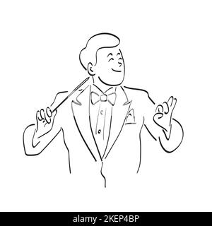 Direttore di orchestra sinfonica illustrazione vettore disegnato a mano isolato su sfondo bianco linea arte Illustrazione Vettoriale