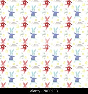 Modello con conigli multicolore, slitta e albero di Natale. Vettore su sfondo bianco. Simbolo del nuovo anno. Illustrazione Vettoriale