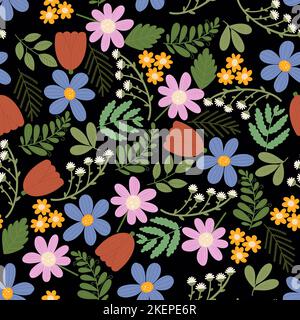 Grazioso motivo senza cuciture con fiori colorati isolati su sfondo nero. Fiori selvatici e foglie verdi. Design moderno e luminoso per stampe alla moda. Foto Stock