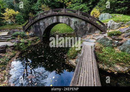 Il Ponte Engetsukyo, o 'ponte a luna piena' costruito in stile Cinese presso il Giardino Koishikawa Korakuen di Tokyo. Ha questo nome perché una luna piena è fo Foto Stock