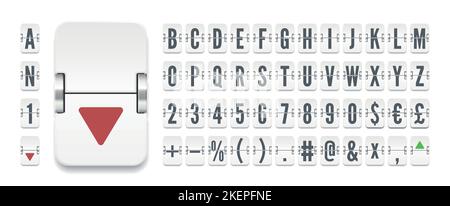Font del tabellone del terminale analogico per visualizzare l'illustrazione del vettore delle informazioni finanziarie. Lavagna bianca dell'aeroporto con alfabeto meccanico con numeri e simboli per la destinazione del volo o i tassi di cambio delle azioni Illustrazione Vettoriale