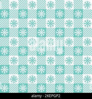 Modello natalizio a scacchi con fiocchi di neve. Sfondo verde trasparente in gingham. Inverno scandinavo vichy sfondo. Stampa Vector Holiday Illustrazione Vettoriale