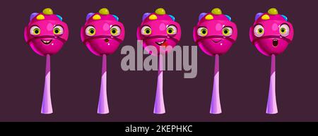 Divertente personaggio lollipop faccia emoji set, cartone animato caramella rosa su stick ui fumetto gioco personage, felice, sorpresa WOW faccia e mostrare emozioni lingua. Mascotte cute happy Sweet food, illustrazione Vector Illustrazione Vettoriale