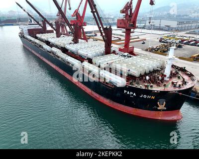 LIANYUNGANG, CINA - 14 NOVEMBRE 2022 - la foto aerea mostra le navi da carico che caricano i camion di riempimento speciali per l'esportazione in Africa ad un molo in Lianyungang C. Foto Stock