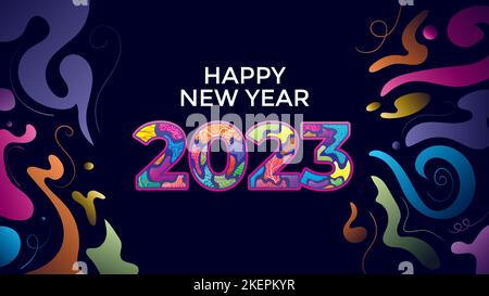 Felice anno nuovo 2023 sfondo. Banner trendy con coloratissima pittura fluida e arte del doodle Illustrazione Vettoriale