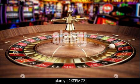 Roulette ruota e palla. Concetto di scommessa. Illustrazione 3D. Foto Stock