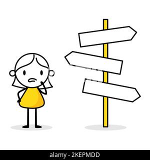 Donna che guarda più segnaletica stradale e che prende la decisione dove andare avanti. Prendere decisioni aziendali, decidere il modo giusto per il successo o scegliere l'opzione Illustrazione Vettoriale