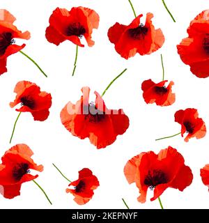 Motivi floreali su sfondo trasparente. Papaveri rossi in un modello senza cuciture per il disegno di carta da parati fazzolettino. Stampa. Sfondi. Foto Stock