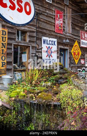 Cartelli pubblicitari vintage di stagno e un paesaggio di cascata a Black Bear Creek Antiques vicino al lago Burton nelle montagne della Georgia nord-orientale vicino a Clayton. Foto Stock