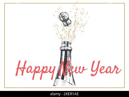 Felice anno nuovo disegnata a mano Illustrazione dell'esplosione di Champagne Illustrazione Vettoriale
