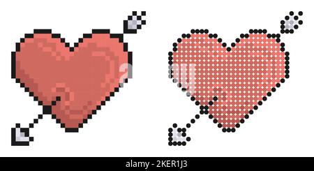Icona pixel. Freccia cuore trafitto. San Valentino Sivol, cuore trafitto da una freccia. Semplice vettore di gioco retrò isolato su sfondo bianco Illustrazione Vettoriale