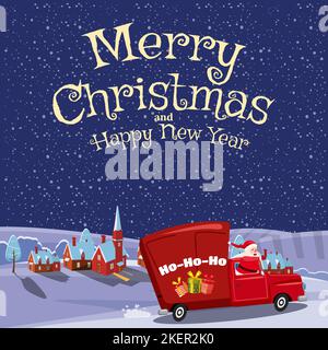 Babbo Natale guida una vecchia auto retrò, camion Illustrazione Vettoriale