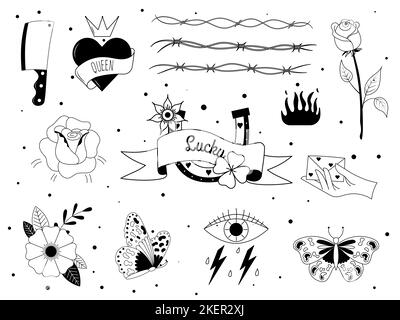 Set di tatuaggi in stile Y2K, 1990s, 2000s. Design a elementi emo goth con cuori fiammeggianti, coltello, rosa, fiore, farfalla, fuoco, cranio. Tatuaggio della vecchia scuola. Illustrazione Vettoriale