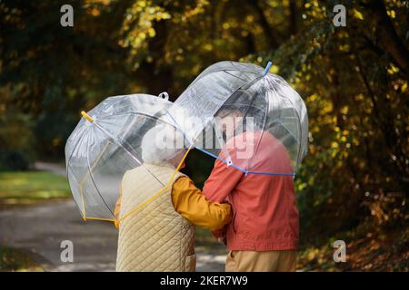 Vista posteriore di coppie anziane che camminano insieme con ombrelloni nel parco cittadino. Foto Stock