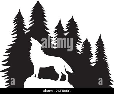 Silhouette di lupo Howling e Foresta. Illustrazione vettoriale. Illustrazione Vettoriale