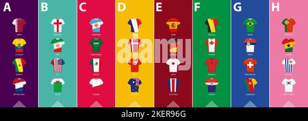 Collezione di maglie dei partecipanti al torneo mondiale 2022 ordinati per gruppo. Set vettoriale. Illustrazione Vettoriale