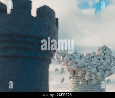 Un castello di scacchi nero che si oppone a un castello bianco sgretolato su una superficie di scacchiera e sfondo cielo - rendering 3D Foto Stock