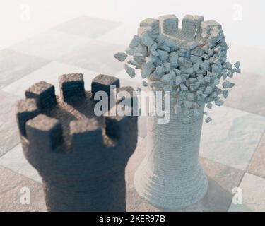 Un castello di scacchi nero che si oppone a un castello bianco sgretolato su una superficie di scacchiera e sfondo cielo - rendering 3D Foto Stock