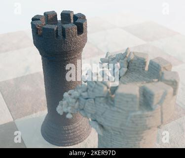 Un castello di scacchi nero che si oppone a un castello bianco sgretolato su una superficie di scacchiera e sfondo cielo - rendering 3D Foto Stock