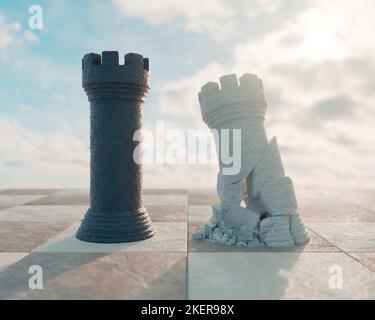 Un castello di scacchi nero che si oppone a un castello bianco sgretolato su una superficie di scacchiera e sfondo cielo - rendering 3D Foto Stock