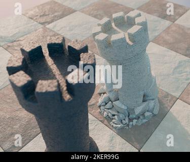 Un castello di scacchi nero che si oppone a un castello bianco sgretolato su una superficie di scacchiera e sfondo cielo - rendering 3D Foto Stock