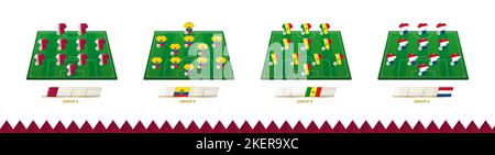 Campo di calcio con squadra in linea per il Gruppo A di gara di calcio. Giocatori di calcio su campo di calcio a metà. Illustrazione Vettoriale