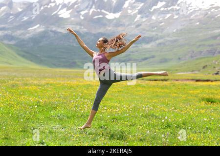 Ballerino felice in un campo in montagna Foto Stock