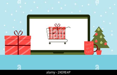 Shopping online per regali per Natale e Capodanno. Vendita di vacanza concetto Illustrazione Vettoriale