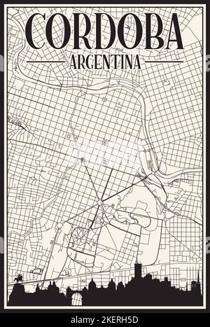 Carta bianca vintage stampata a mano della rete stradale del centro di Cordoba, ARGENTINA, con lo skyline della città evidenziato e scritte Illustrazione Vettoriale