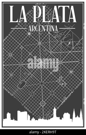 Nero vintage stampato a mano strade rete mappa del centro DI LA PLATA, ARGENTINA con evidenziato skyline della città e scritte Illustrazione Vettoriale