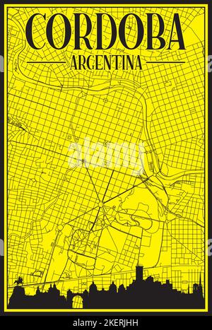 Carta stampata a mano vintage gialla della rete stradale del centro di Cordoba, ARGENTINA, con lo skyline della città evidenziato e la scritta Illustrazione Vettoriale