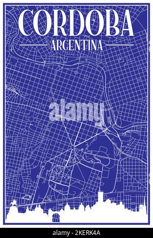 Carta blu vintage stampata a mano della rete stradale del centro di Cordoba, ARGENTINA, con lo skyline della città evidenziato e la scritta Illustrazione Vettoriale