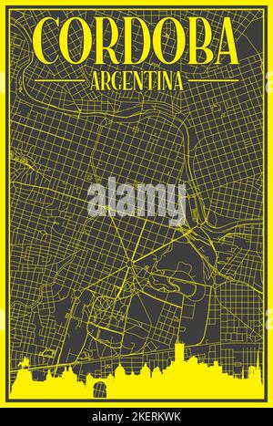 Nero e giallo vintage stampato a mano strade rete mappa del centro di Cordoba, ARGENTINA con evidenziato skyline della città e scritte Illustrazione Vettoriale