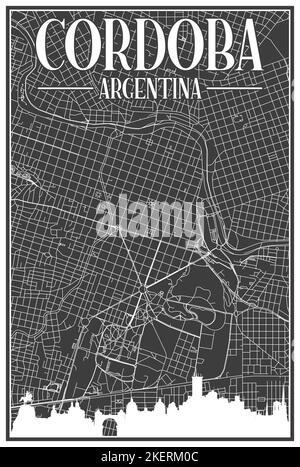 Nero vintage stampato a mano strade rete mappa del centro di Cordoba, ARGENTINA con evidenziato skyline della città e scritte Illustrazione Vettoriale