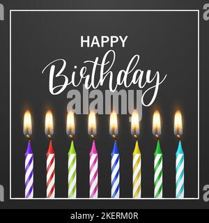 Buon compleanno. Vector Banner, biglietto di auguri con 3D realistic paraffina o cera bruciare festa di compleanno candela e fiamma set su sfondo nero. Design Illustrazione Vettoriale