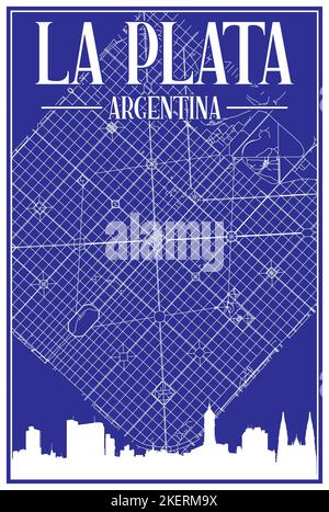 Carta blu vintage stampata a mano per la rete stradale del centro DI LA PLATA, ARGENTINA, con lo skyline della città evidenziato e scritte Illustrazione Vettoriale