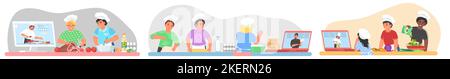 Lezione di cucina online per set di scene vettoriali per bambini. I bambini imparano a preparare il cibo su Internet guardando il webinar di formazione da casa Illustrazione Vettoriale