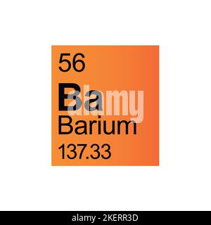 Elemento chimico del bario della Tavola periodica di Mendeleev su sfondo arancione. Illustrazione vettoriale a colori: Mostra il numero, il simbolo, il nome e il peso atomico. Illustrazione Vettoriale